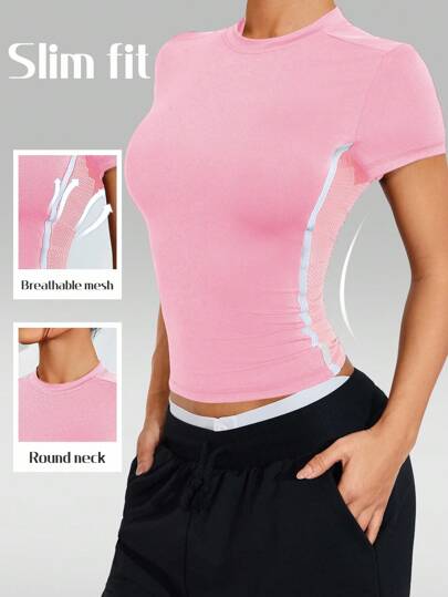 Eassivo Eassivo Women's Yoga Fitness Workout T-Shirt, Tight-Fitting, Commuting Casual With Side White Stripes, Sexy & Comfortable, Suitable For Commuting, Outdoor, Running, Slim Fit Side Mesh Short Sleeve Top Gym Shirts