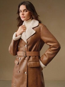 Anewsta 棕褐色仿毛皮领双排扣长款大衣，配腰带，优雅高档，秋冬款 - 咖啡棕 - 查看 3