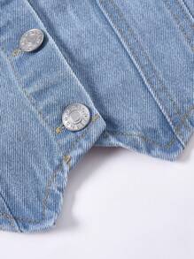 2 件套年轻女孩休闲舒适时尚度假风格牛仔裤和无袖短款上衣，柔软轻便，夏季 - 淺色水洗藍 - 查看 10