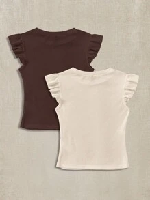 Soleia 2pcs Ribbed Fabric Round Neck Cap Sleeve Fitted T-Shirt Set, Cute, Suitable For Summer Suitable For Going Out - Multicolor - View 2