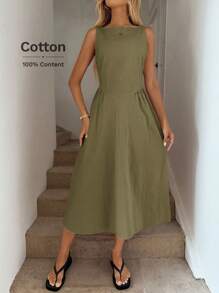 Easowa Đầm suông chữ A cổ tròn, xếp ly eo, đầm midi thanh lịch cho nữ, làm từ vải cotton hữu cơ, thích hợp cho mùa xuân và mùa hè - màu xanh lá - Xem 5