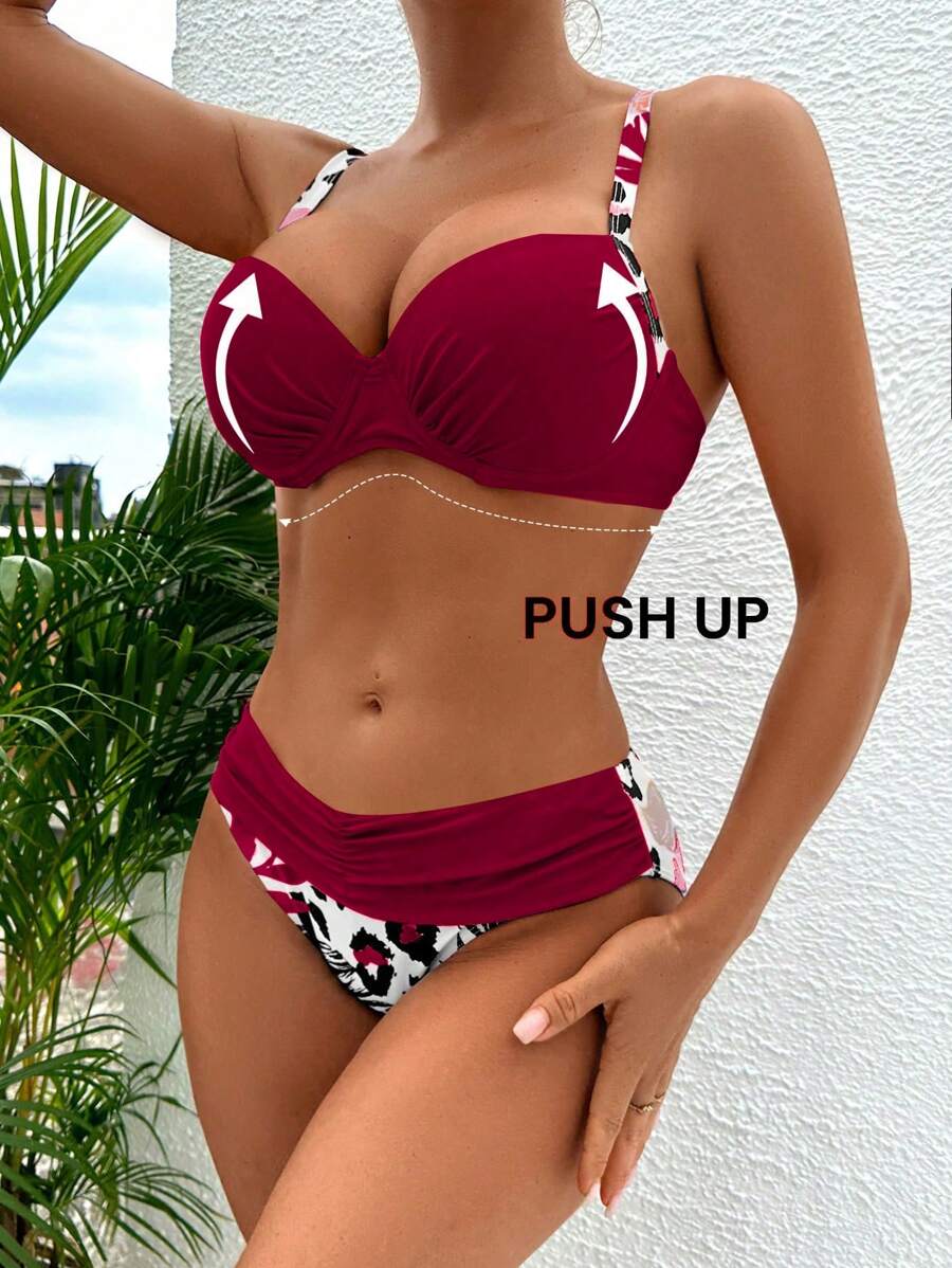 Swim Lushoire 2 件 2025 聚拢图案分体泳衣，粉色热带设计聚拢收腹，优雅休闲，适合春夏海滩度假、派对、节日