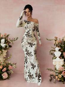 Vestido de manga larga ajustado con hombro oblicuo y estampado floral para mujer - Multicolor - Ver 5