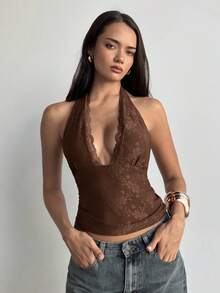 Aloruh 女式复古蕾丝花卉拼布露背吊带背心，夏季 - 棕色 - 查看 7