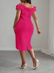 Slaydiva White Elegant Party Fitted V-Neck Ruffle Splice Off-Shoulder Bodycon Dress, Suitable For Spring/Summer - Party - Hot Pink - View 2