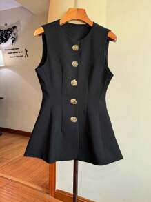 GlowEve Women's Metal Flower Single-Breasted Round Neck Sleeveless Elegant Regular Jacket - Black - View 4