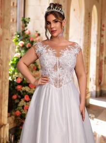 Glamrae 大码优雅浪漫奢华白色网眼刺绣船领串珠荷叶边长裙，带可拆卸拖尾，适合晚会、婚礼、蜜月、新娘 - 白色 - 查看 6