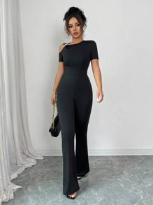 SHEIN Raffinéa Women's Solid Black Cutout Neck Metal Decor Bodycon Jumpsuit, Suitable For Daily Wear, Sexy, Fashionable, Unique SummerHoliday Sunny Journey Vacay VibesWomen's Autumn Clothingautumn Fall Clothes For Women Fall Autumn Clothes Fall Outfits For Women Autumn Outfits For Women Fall Clothes Autumn Women  Fall Women Clothes Autumn Clothing Elegant Fashionable Casual Commuting Business Office Daily Leisure All-Match Temperament Urban Teacher Professional Attire - Black - View 5