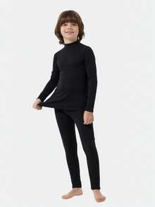 SHEIN 2 Pieces Tween Boy Casual Solid Color Warm Middle Collar Long Sleeve Shirt And Long Pants Underwear Set Suitable For Home Base Warm Clothes For Autumn And Winter