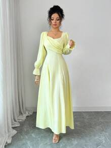 Lyxana Wiosenno-jesienna sukienka w kolorze żółtego jaskra w stylu francuskim, elegancka, słodka i romantyczna, z bufiastymi rękawami i wyszczuplającą talią, z długim rękawem dla kobiet - Żółty - Zobacz 5