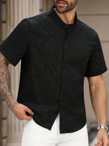 Manfinity Homme 夏季大码男士休闲前扣短袖衬衫 - 黑色 - 查看 5