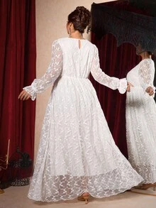 Cravure Christmas Plus Size Solid Color Round Neck Mesh Patchwork Elegant Long Sleeve Dress Fall Cloth For Women