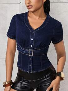SHEIN Unity Casual Waist Cinched Short Sleeve Women's Denim Jacket, Suitable For Everyday Wear - Blue - View 3