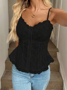 Easowa Áo hai dây vải jacquard thêu ren, nút cài phía trước, eo xếp ly, thường ngày, thanh lịch, dành cho nữ, mùa xuân/hè - màu đen - Xem 7