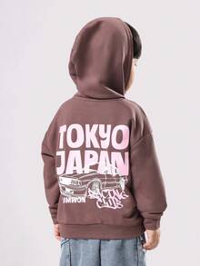 SUMWON 常规款童装男童东京日本印花连帽衫街头风秋冬休闲摩托俱乐部套头连帽卫衣汽车设计日常穿着度假服饰 - 棕色 - 查看 1