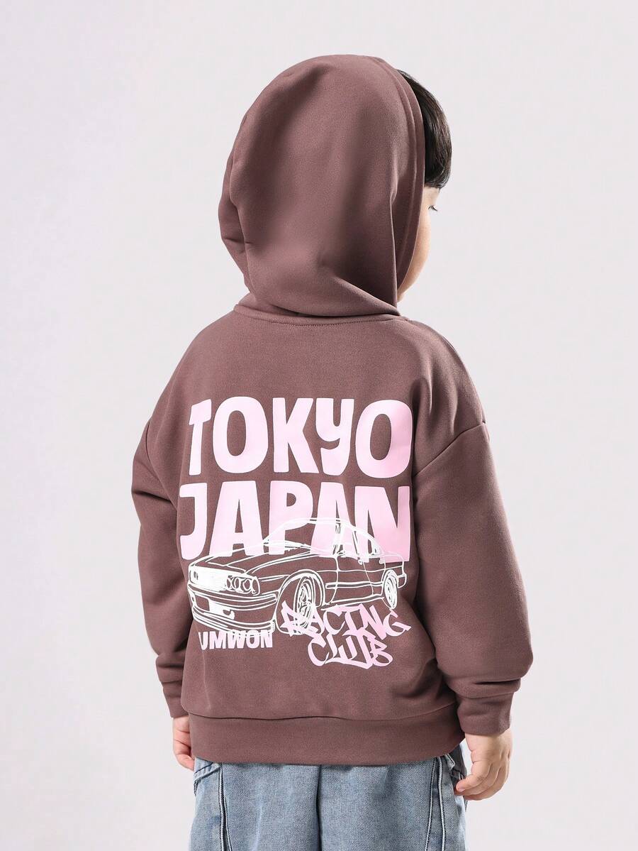 SUMWON 常规款童装男童东京日本印花连帽衫街头风秋冬休闲摩托俱乐部套头连帽卫衣汽车设计日常穿着度假服饰 - 棕色 - 查看 1