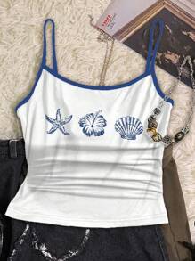 SHEIN Leap Crew 少女法式蓝天使雕像花卉水彩蓝色贝壳图案撞色吊带背心，复古风，休闲度假风，可爱，Y2K椰子波西米亚风，春假早午餐必备，浅蓝色旅行霓虹海滩氛围，波西米亚嬉皮音乐节，适合夏季，修身休闲运动吊带基本款三件套夏季上衣，夏威夷海滩夏季海岸风 - 彩色 - 查看 4