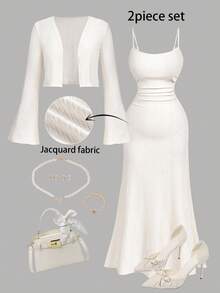 SHEIN MOD Conjunto de 2 piezas para mujer talla grande con vestido de tirantes finos y chaqueta - Albaricoque - Ver 12