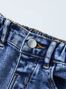 SHEIN Quần jean xanh nhạt rách cho bé gái, thêu hình ngôi sao, cạp chun, ống loe ôm sát - Rửa tối - Xem 4