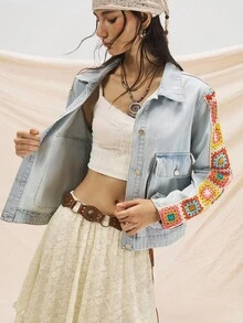 Easelle Veste en jean pour femmes avec manches en laine colorée, coutures, veste d'automne et d'hiver