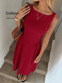 Easowa Đầm suông chữ A cổ tròn, xếp ly eo, đầm midi thanh lịch cho nữ, làm từ vải cotton hữu cơ, thích hợp cho mùa xuân và mùa hè - Đỏ - Xem 4