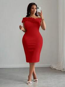 Slaydiva Elegantes weißes figurbetontes Partykleid mit V-Ausschnitt, Rüschen und Schulterausschnitt, geeignet für Frühling/Sommer - Party