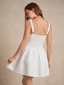 WESTFADE Ditsy Floral Eyelet V Neck Underwire Cups Drop Waist Smocked Back Ruffle Fit & Flare Sleeveless Mini Dress Summer 4th Of July Beach Vacation Outfit Cowgirl Rodeo Nashville Country Western Concert Outfit - White - View 2