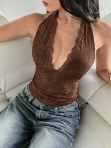 Aloruh 女式复古蕾丝花卉拼布露背吊带背心，夏季 - 棕色 - 查看 5