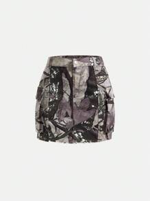 Saia Denim Mini Camuflada Elástica Fofa, Estilo de Rua, Casual, Confortável, Fashion, Férias, Leve para o Verão, Meninas Pré-Adolescentes - Multicolorido - Visão 3