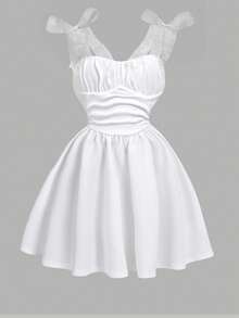 Girlism 少女杏色褶饰胸前蝴蝶结装饰吊带背心连衣裙，休闲甜美返校装 - 白色 - 查看 9