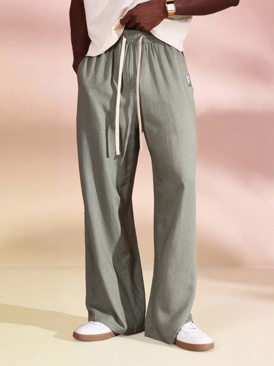 SUMWON Linen Wide Leg Summer Pants Relaxed Fit Drawstring Beach Resort Lounge Casual Trousers Vacation Wear - Army Green - View 1