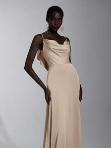 Elitara Elegant Champagne Color Ruffle Strap Bridesmaid Dress - Khaki - View 4