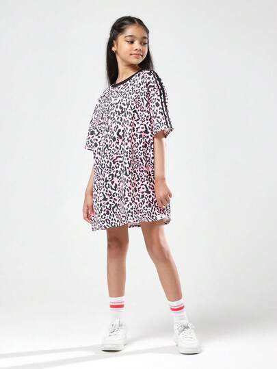 SUMWON 豹纹 T 恤迷你连衣裙女童休闲动物图案宽松束腰上衣粉色黑色经典圆领舒适秋冬装