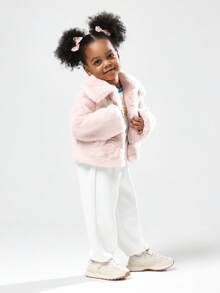 SUMWON 儿童冬季泰迪熊夹克毛绒皮草外套柔软毛茸茸外套配粉色蝴蝶结配饰正式特殊场合派对婚礼女孩时尚 - 粉色 - 查看 5