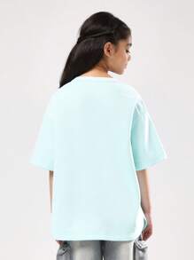SUMWON Camiseta oversize de color verde menta para adolescentes, de corte relajado, cuello redondo, manga corta, hombros caídos, bajo curvo, básica y esencial para uso diario en verano y primavera - verde menta - Ver 2