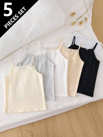 Genkimix Kids 5pcs/Set Girls Young Girl Multicolor Crescent Floral Lace Bow Camisole Vest, Sweet Sports Style Suitable For Inner & Outer Wear Girls Plain Tank Top Girls Tank Tops Multipack Fall Winter