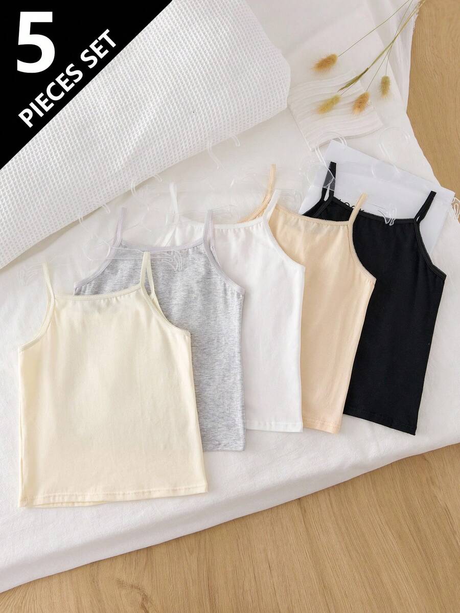 Genkimix Kids 5pcs/Set Girls Young Girl Multicolor Crescent Floral Lace Bow Camisole Vest, Sweet Sports Style Suitable For Inner & Outer Wear Girls Plain Tank Top Girls Tank Tops Multipack Fall Winter - Multicolor - View 1