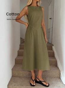 Easowa Đầm suông chữ A cổ tròn, xếp ly eo, đầm midi thanh lịch cho nữ, làm từ vải cotton hữu cơ, thích hợp cho mùa xuân và mùa hè - màu xanh lá - Xem 7