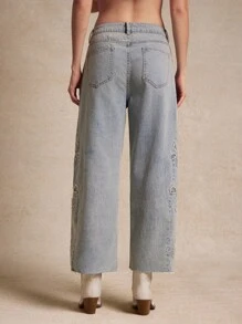 WESTFADE Country Western Floral Embroidered Mid Rise Relaxed Barrel Leg Cotton Blend Denim Jeans - Light Wash - View 2