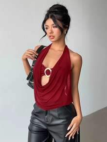 Aloruh 全新性感半透明低胸露背上衣，金属装饰 - 酒紅色 - 查看 4