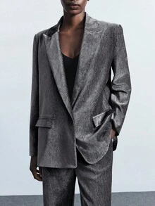 Maija 2025 女士纯色翻领长袖休闲西装外套女士套装女士西装外套套装女士，秋季，女士秋季服装，女士秋季服装，冬季服装，万圣节，派对，金属线面料设计，复古风，女士休闲西装外套，老钱美学，都市风格，秋季，女士秋季服装，女士秋季服装，冬季服装，万圣节，派对， - 灰色 - 查看 7