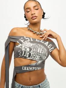 SUMWON WOMEN 光滑露肩短款上衣，抹胸侧系带设计，时尚休闲学院篮球冠军团队精神派对节日风格 - 灰色 - 查看 4