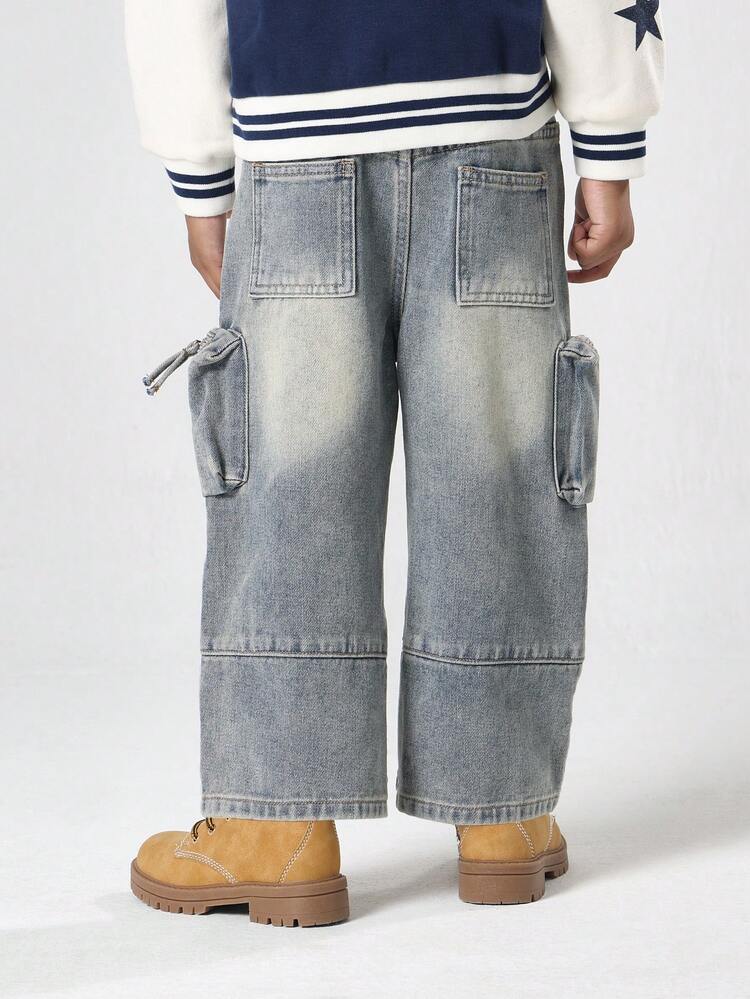 Wide Leg Denim Cargo Jeans With Multiple Zipper Pockets