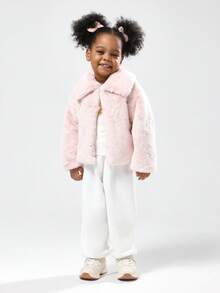 SUMWON 儿童冬季泰迪熊夹克毛绒皮草外套柔软毛茸茸外套配粉色蝴蝶结配饰正式特殊场合派对婚礼女孩时尚 - 粉色 - 查看 4