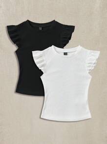 Soleia 2pcs/Set Rib Knit Crew Neck Short Cap Sleeve Form-Fitting T-Shirt Set, Cute Summer Suitable For Going Out - Multicolor - View 10