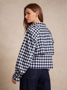WESTFADE Gingham Notch Collar Double Breasted Boxy Fit Cropped Trench Coat Back To School Cute Fall Clothes