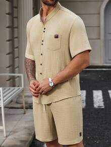 Manfinity Homme Conjunto de camisa casual de verano de manga corta raglán de unicolor y tela texturizada para hombres de talla grande - Caqui - Ver 6