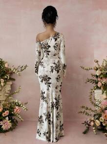 Vestido de manga larga ajustado con hombro oblicuo y estampado floral para mujer - Multicolor - Ver 2
