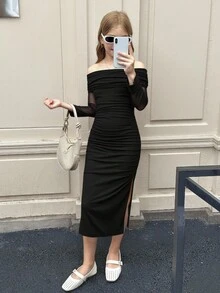 SHEIN 少女秋冬露肩荷叶边网纱紧身约会黑色长袖连衣裙 露肩连衣裙 青少年黑色连衣裙 长款黑色连衣裙 女童网纱连衣裙 女童黑色连衣裙 万圣节连衣裙 女童黑色连衣裙 - 黑色 - 查看 10