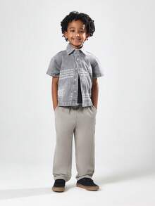 SUMWON Kids Streetwear Grey Denim Overshirt Short Sleeve Button Down Shirt With Front Back Graphics And Printed Text Regular Fit Urban Fashion Casual Wear - Grey - View 5